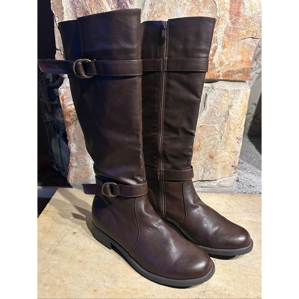 Kisses Too Janet Brown Tall Riding Boots Women's Size 9.5 Knee High Buckle Strap